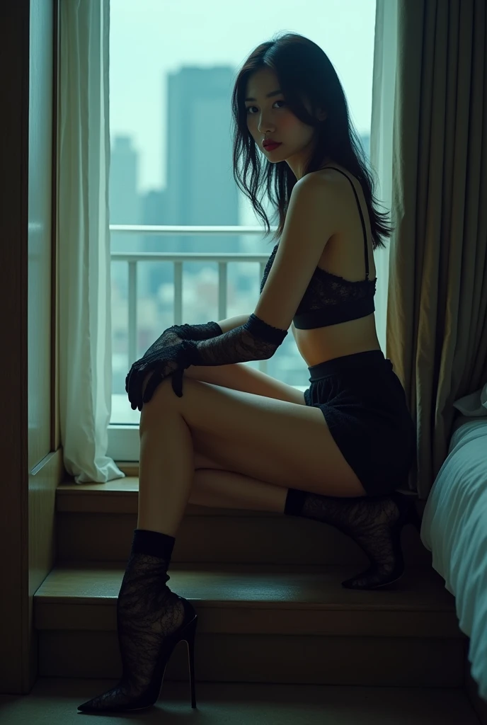 (8k,Movie,16mm wide-angle lens,Aperture 8,Multi-angle shooting,Rich in details )Chinese,Asian,Cool colors,miniskirt,High heel,exposed,Nylon socks,Sexy gloves,Lace gloves,A large hotel room,Sit on the stairs,Terrace,Flirty,Romantic,Sexy woman,Looking out the window,Troubled woman,30 years old