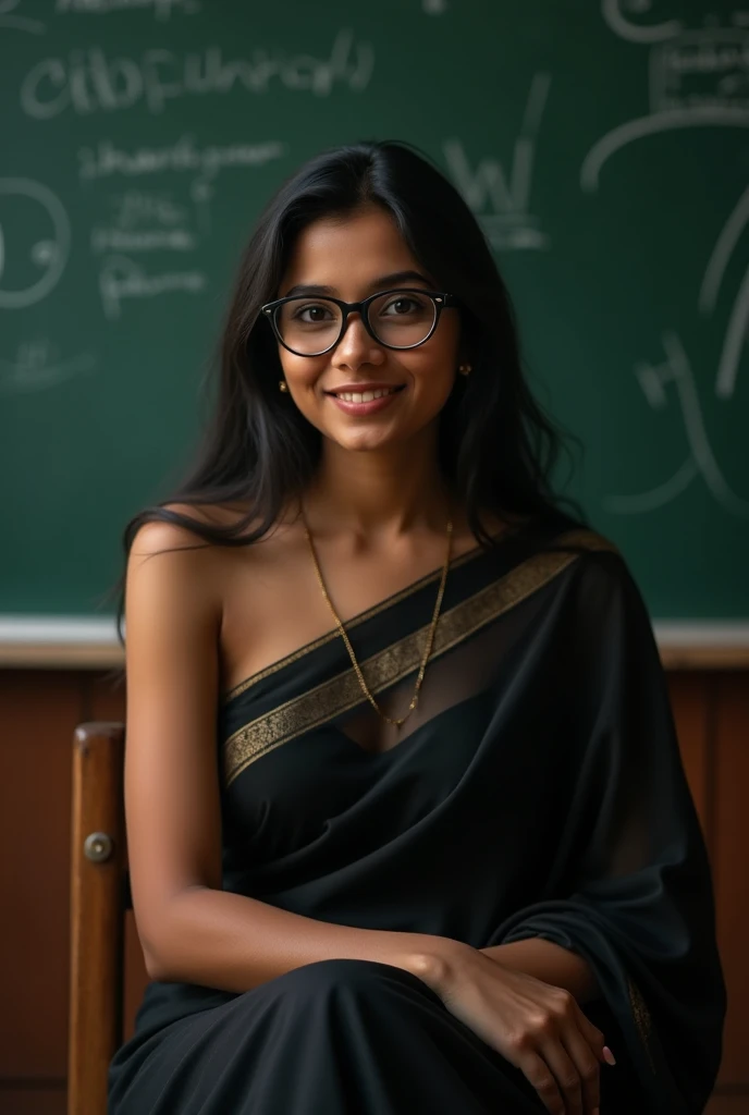 ((best quality)), ((masterpiece)), (high 8k detailed), Beautiful indian woman, thin black colour saree,a woman in glasses sitting in front of a blackboard with a chalkboard, attractive girl, very beautiful girl, with a seductive smile, sexy girl, girl next door innocent look, friendly seductive smile, young and cute girl, cute seductive smile, seductive smile, indi sulta, handsome girl, hot with shining sun, teasing smile, beautiful girlfriend