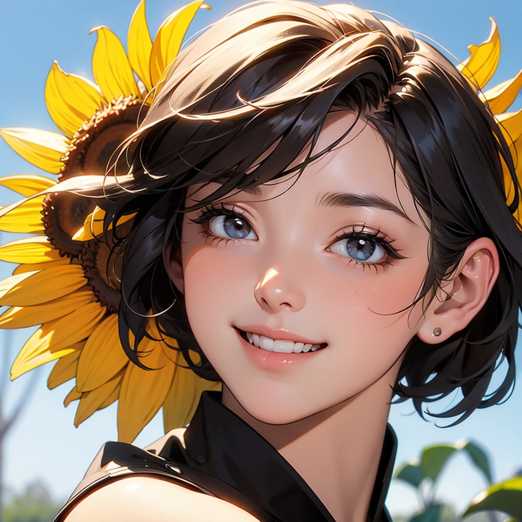 A cheerful sunflower that suits a vibrant smile, a 30-year-old woman with a short haircut, High resolution, Smiling with teeth showing, Character profile, Background blur,