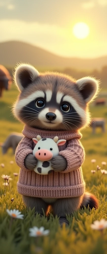 A captivating and surreal photograph of a cute, extra fluffy raccoon wearing a cozy sweater with a cow pattern on it and holding a cute cow plush toy. The background features a serene countryside scene with rolling hills, a bright yellow sun, and a few cows grazing peacefully in a meadow. The overall atmosphere of the image is warm and nostalgic, with a touch of whimsy., conceptual art, 3d render, photo