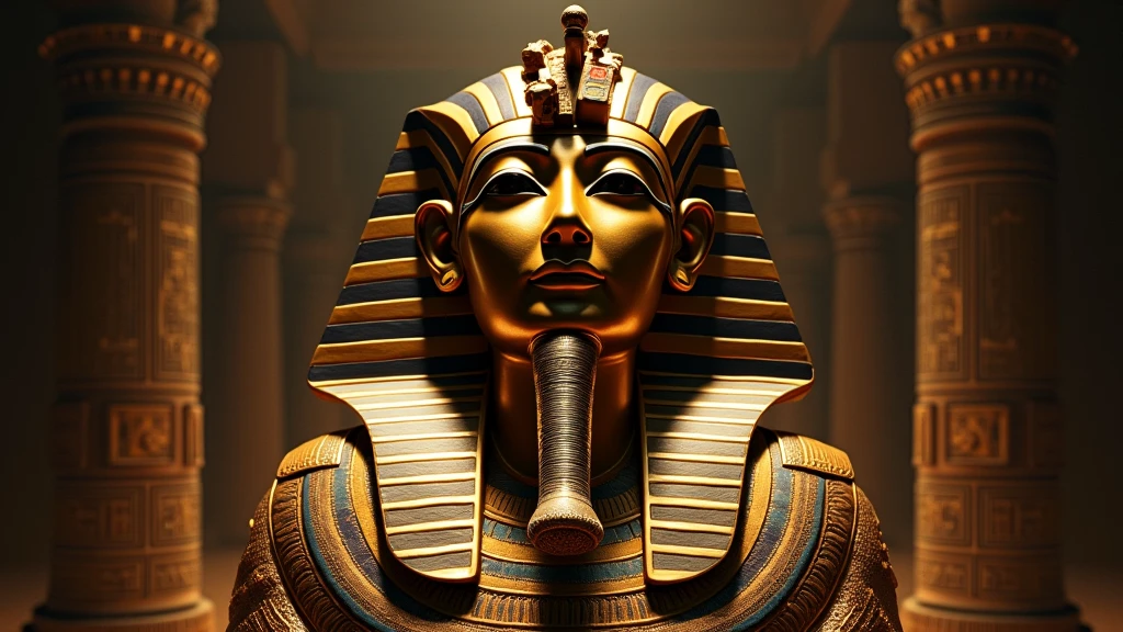 Cinematic scene Mummified face of the ancient Egyptian pharaoh Tutankhamun inside a caisson or sarcophagus from ancient Egypt, soft golden light highlighting intricate patterns, dark setting of the great temple, hieroglyphics and ancient sculptures punctuating the mysterious air, mysterious yet majestic environment, digital painting, cinematic, ultra realistic.