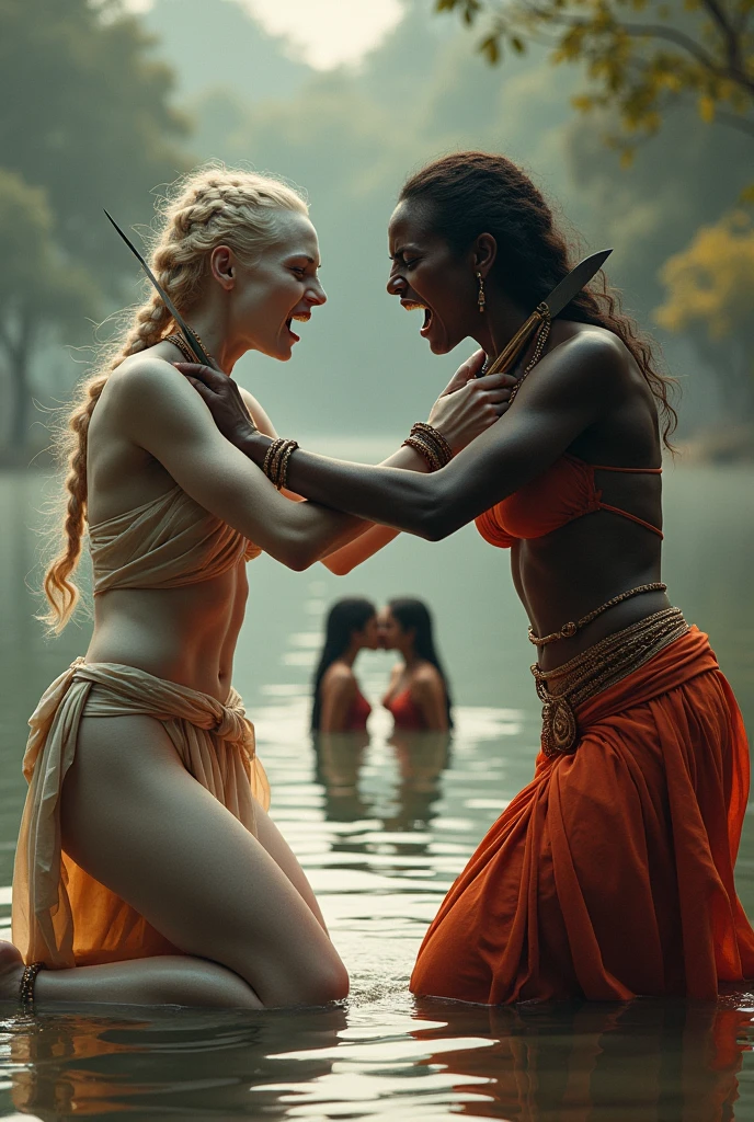 Pale white skinned North Indian slave woman with dark skinned daughter, and dark skinned south indian slave woman with pale white skinned daughter, gupta era, both have a similar build, both are on their knees hugging eachother,beside a lake, both their faces have a angry snarl , threaten eachother with a knife in their hands towards eachothers butt while their daughters are in the distance kissing in the lake