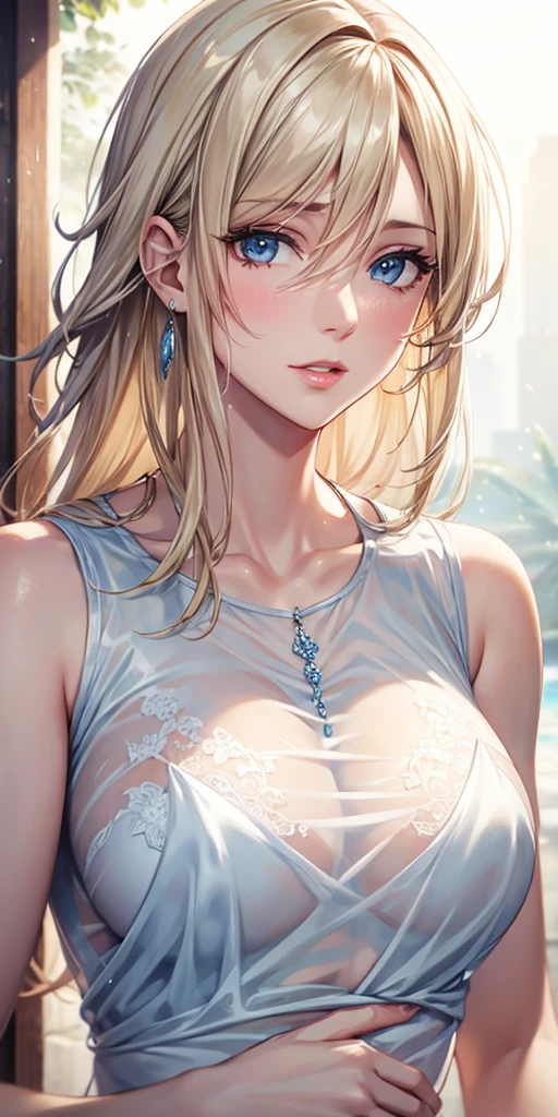 Portraiture, Elegant mature woman, blue eyes, Blonde, 4K resolution, High quality CG, Beautiful CG, Soft Light,Very small breasts,Wet, see-through clothes,See-through nipples,Sweaty body,Small areola,Mole near the mouth,The face of rutting,Drool is dripping from the mouth.