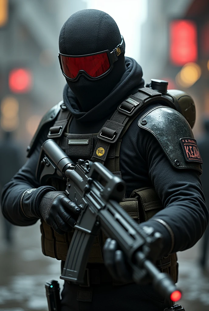 F.E.A.R. operative, black tactical balaclava, red googles, tall, has smg