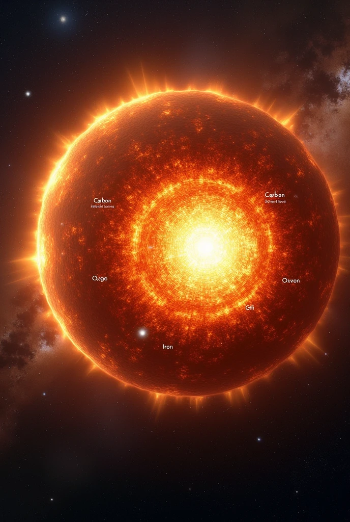 Formation of Heavier Elements:** Draw a larger star with labels like “C” (Carbon) and “O” (Oxygen).

Draw something that represents this description:
Heavier Elements Form in Stars (13.5 Billion Years Ago - Present)**
   - **Atomic Numbers:** 3 to 26 (Lithium to Iron)
   - **Description:** Over time, stars fuse helium and other light elements to create heavier elements like carbon (Atomic Number 6), oxygen (Atomic Number 8), and up to iron (Atomic Number 26).


