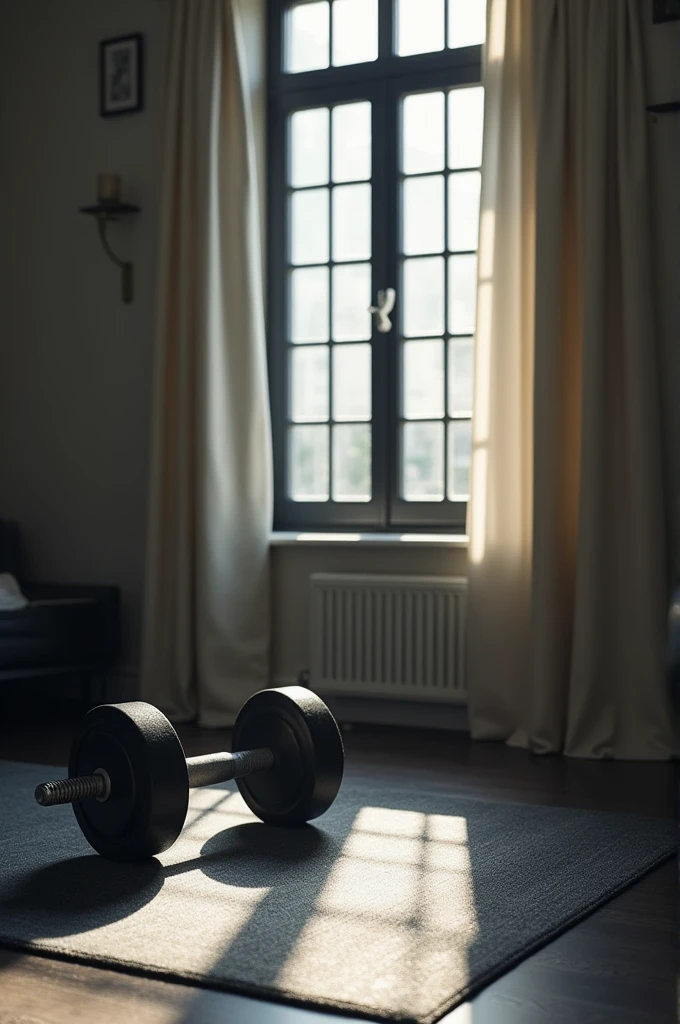 Black separate、rubber mat、dumbbell、Sunlight is coming in、No windows。
A wall