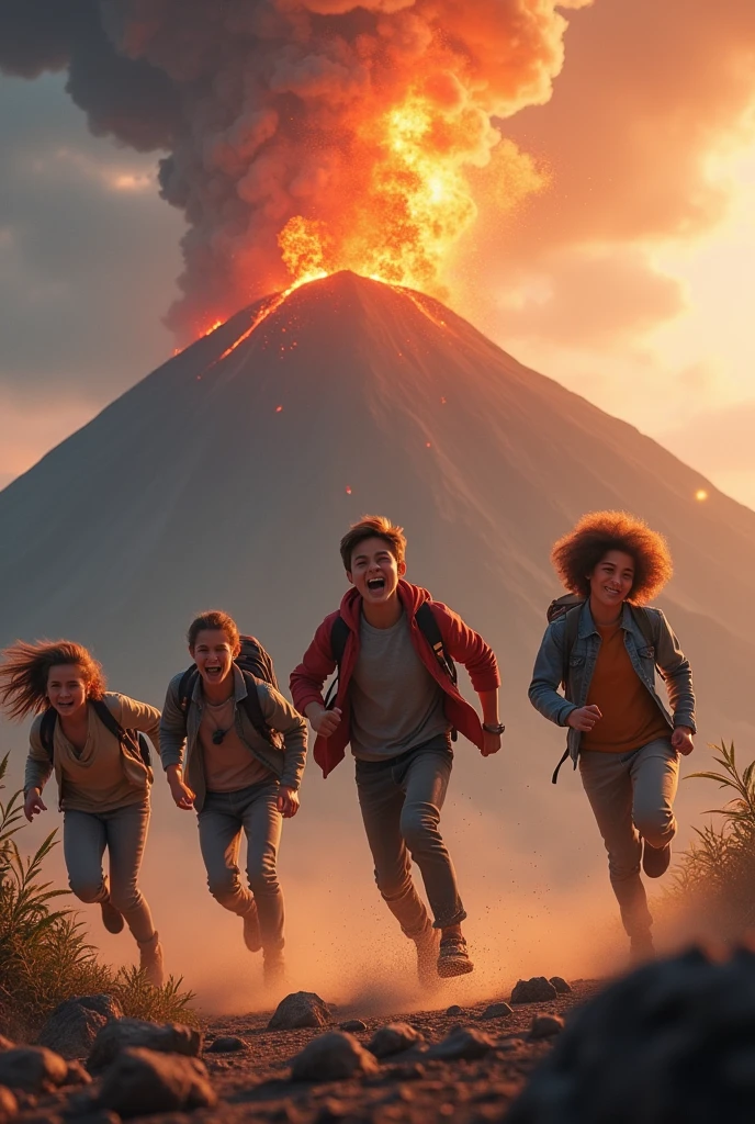 Five students fleeing from an erupting volcano