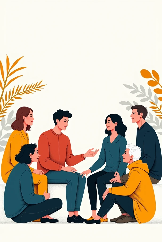 Create a minimalist and colorful drawing of people discussing and thinking about wild animals 