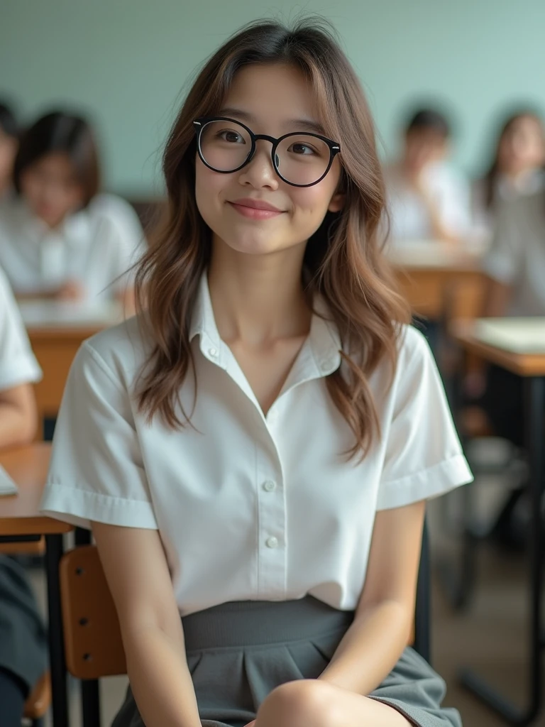 8K, masterpiece, ultra HD, intricate detailed, RAW photo, highly detailed, RAW photo, best quality, A beautiful  girl, 22 years old, pale skin, real skin, slightly smile, wearing school uniform, open white shirt, arms up, small breast, ((grey mini skirt:1.3)), black round glasses, ((Sitting front view:1.5)), ((spreading legs:1.4)), (sitting on classroom's chair:1.5), front view:1.5, Blured background, depth of field, (lift skirt by myself, show my white panties:1.1), half body shots, closer photo taken, barefeet, Slim body, slender legs, slim muscular body, small breast, wavy hair, ash-brown hair color, ((front view, from below:1.5)),white panties,soft front lighting,1 girl ,solo,beauty,1girl