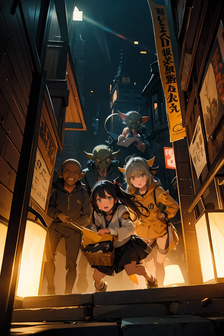 Several goblins tearing off a junior high school girl's clothes and stripping her naked A goblin licks the breasts of a junior high school girl who has been held down and stripped naked.