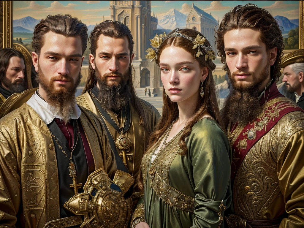 abstract image of a group of people, standing in front of the painting, hyperrealism. fantasy 4k, key art, Alexander Kucharsky, by Galen Dara, Highly detailed 4K digital art, Realistic portrait of the Renaissance, detailed oil painting in 4k, symmetrical portrait fantasy role-playing game, Hyperrealism Renaissance art, fantasy portrait art, epic surrealism 8k oil painting