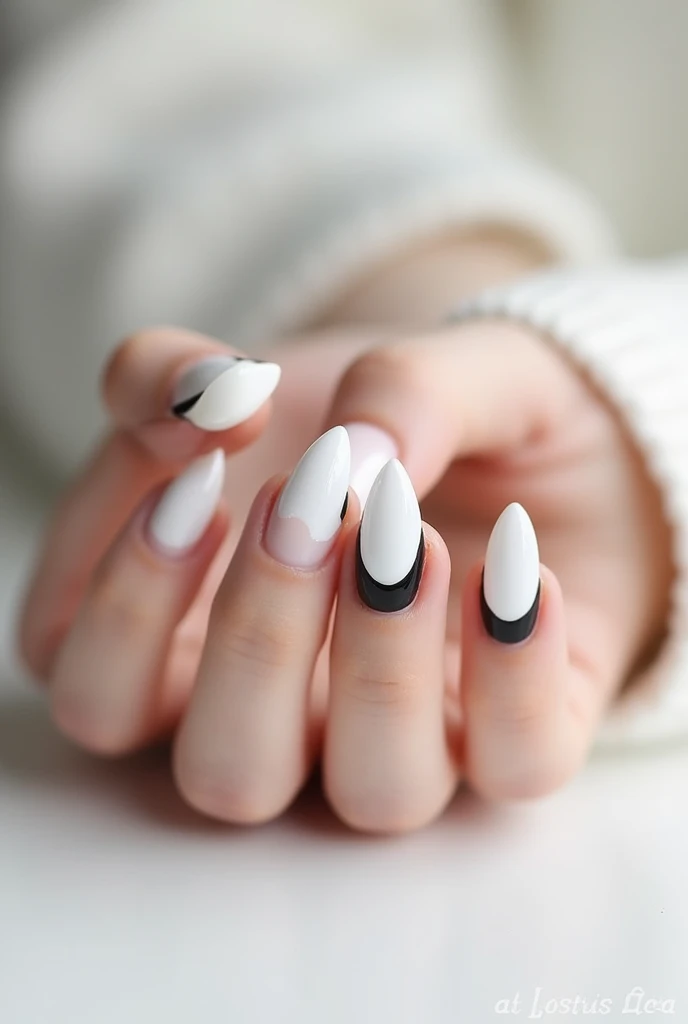 White Gel Nails, 1cm Long, Squoval, decentered black decorative lacquer edging
