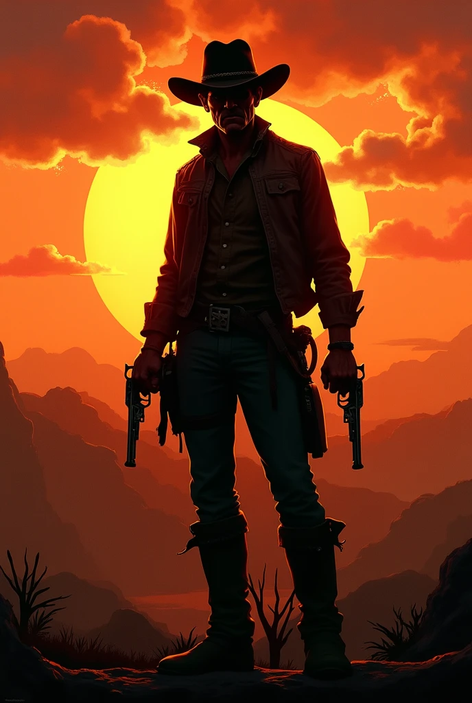 ((Best Quality)), ((masterpiece)), (detailed), Sunset background in the old west, The silhouette of a cowboy in the middle with two revolvers in his hands (palms facing outwards) and a wide-brimmed hat, with short hair, lugubrious.
