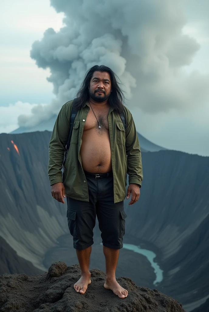 original photo of an Indonesian Javanese man with fat body, big calves, ((very long straight hair)), wearing black knee-length cargo shorts and a green mountain jacket standing at the top of the crater rim of Mount Merapi with a background of crater smoke, photographed from top to bottom looking at the crater