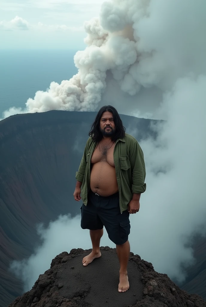 original photo of an Indonesian Javanese man with fat body, big calves, ((very long straight hair)), wearing black knee-length cargo shorts and a green mountain jacket standing at the top of the crater rim of Mount Merapi with a background of crater smoke, photographed from top to bottom looking at the crater