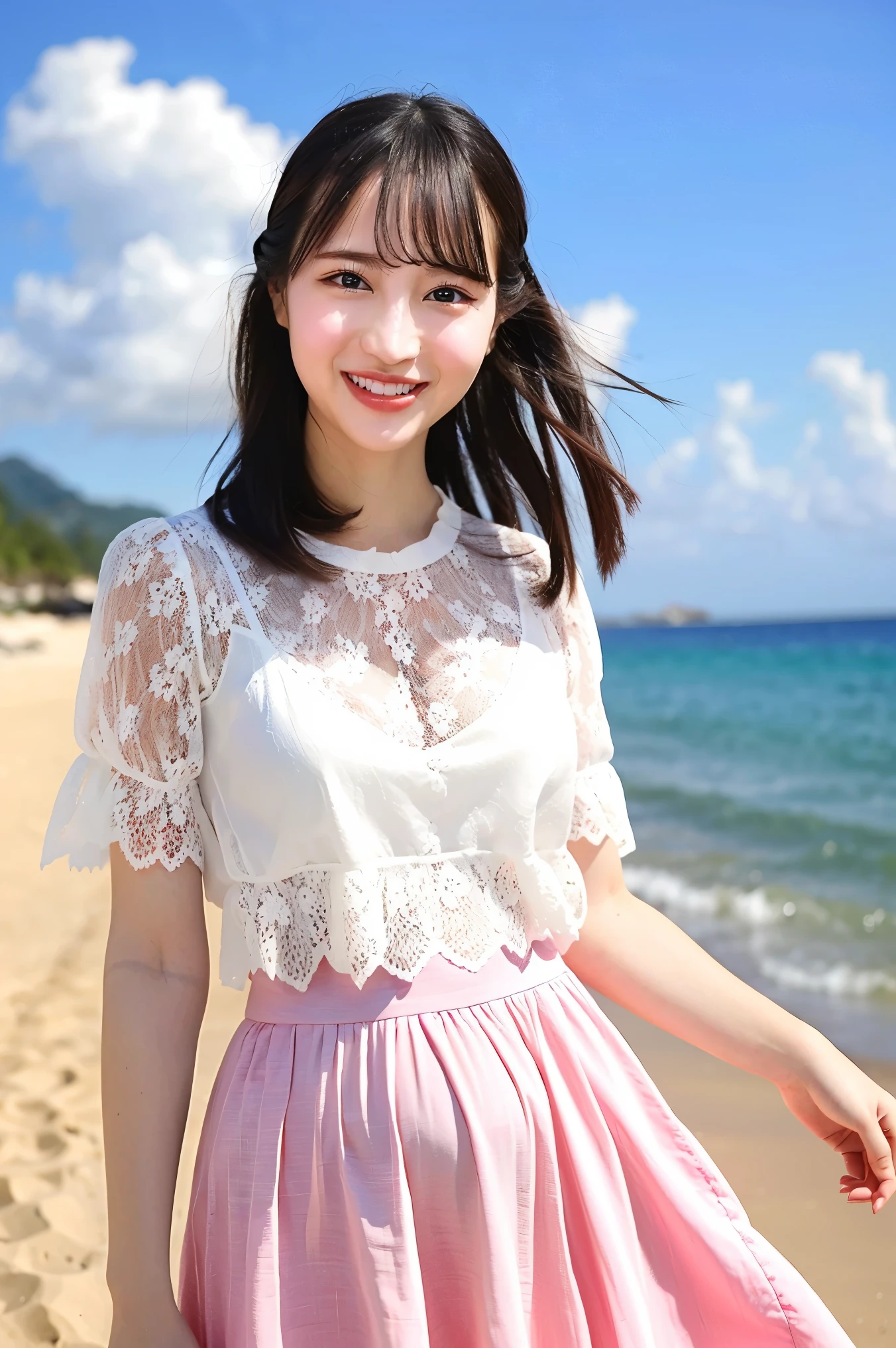 (Highest quality、masterpiece、8k、Best image quality、Hyperrealism、Award-winning works)、1 pregnant woman、(nose:1.2)、(White shirt with elegant lace and frills:1.2)、(Light pink long flare skirt, transparent, Light berry pattern.:1.3)、(The most natural slight pregnancy bump:1.1)、Large Breasts、(Beautiful Hiroshi々とした滑らかな砂浜にStanding Elegantly:1.2)、(Beautiful and mysterious beach background:1.4)、Beautiful surf edge、(Beautiful sunny sky:1.1)、(Beautiful thunderclouds:1.1)、(Standing Elegantly:1.1)、Look at me with your best smile、Accurate anatomy、Perfect Makeup、Long eyelashes、Glossy Lips、Ultra HD glossy skin、(Ultra-high resolution, bright and beautiful skin:1.2)、(very bright and vivid:1.3)、超高精細のGlossy Lips、Ultra-high resolution beautiful teeth、(Very bright and vivid:1.1)