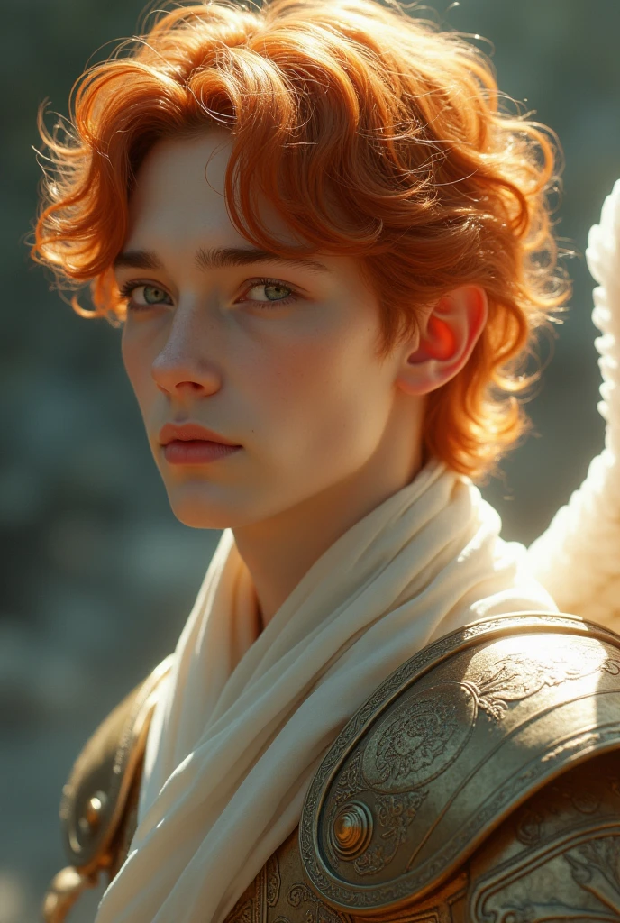 young man, twenty years old. porcelain skin, angelic face. big, shiny eyes, gray like clouds. orange and wavy hair. oval face. straight, small nose. thick lips. defined eyebrows. looking to the side. He wears silk cloth, bronze armor.