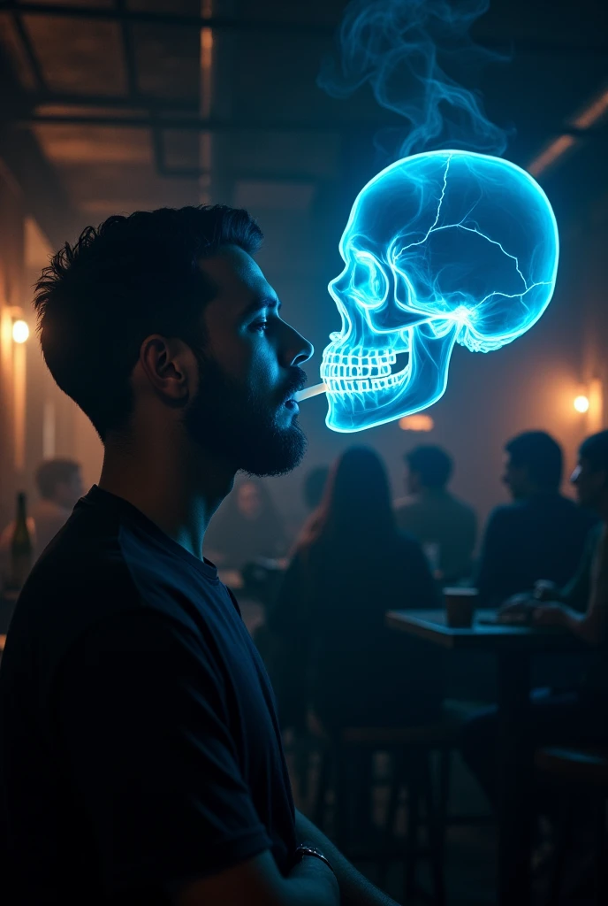 A striking image of a bar full of people, where one of them is smoking and their exhalation forms the shape of a skull. The atmosphere is dark and inviting, With stools, tables and people talking and socializing. An intriguing detail shows the smoker's lungs, as if they were visible through a blue X-ray, showing the damage caused by smoke. The visual message conveys the negative impact and dangers of smoking in a social setting.