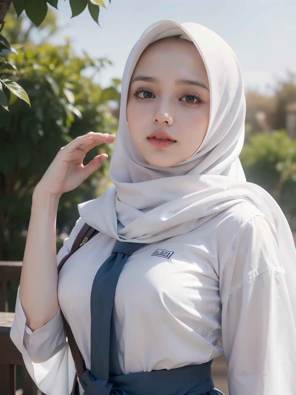 beautiful woman, (white hijab), young, seragamsmahijab, school, waist up shot, realistic, photorealistic, photo-realistic:1.37, (best quality,8k,highres,masterpiece:1.2),ultra-detailed,HDR,UHD,studio lighting,extreme detail description,professional,vivid colors,bokeh,portraits