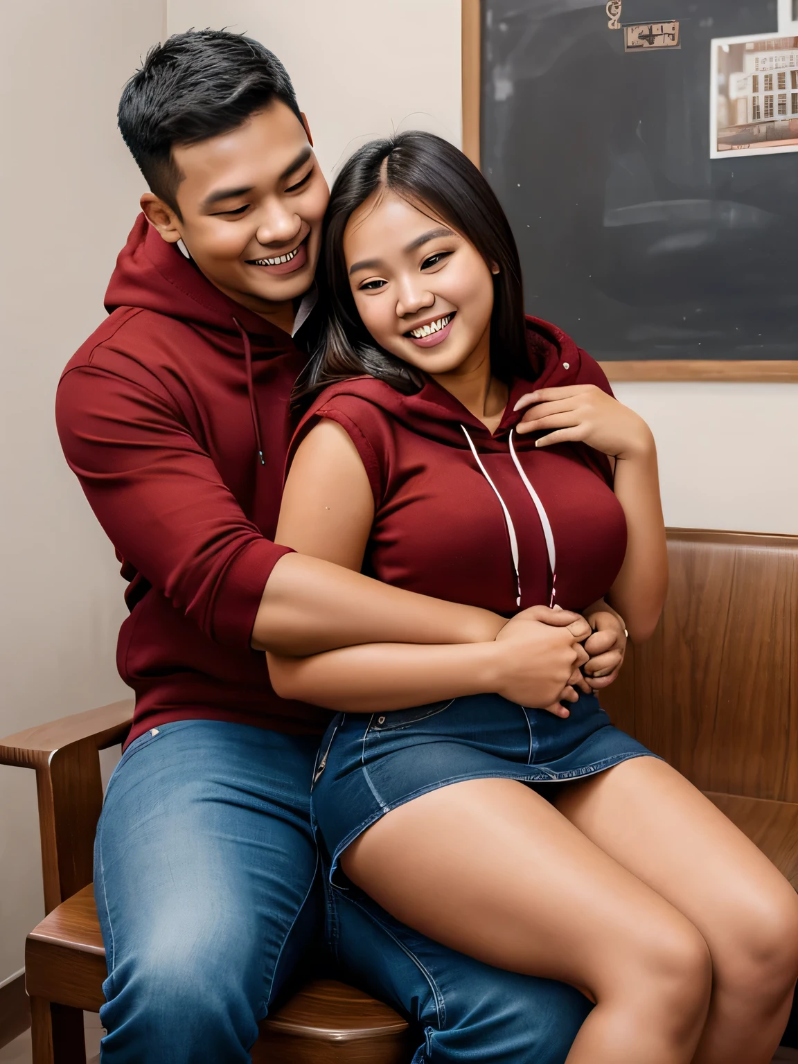 romantic couple, (romantic hug), young Indonesian woman, wearing a dark brown teacher's uniform, mini skirt, slightly fat. (sit on his lap). with a man wearing a red hoodie, denim pants. laughed cheerfully. white modern interior background.