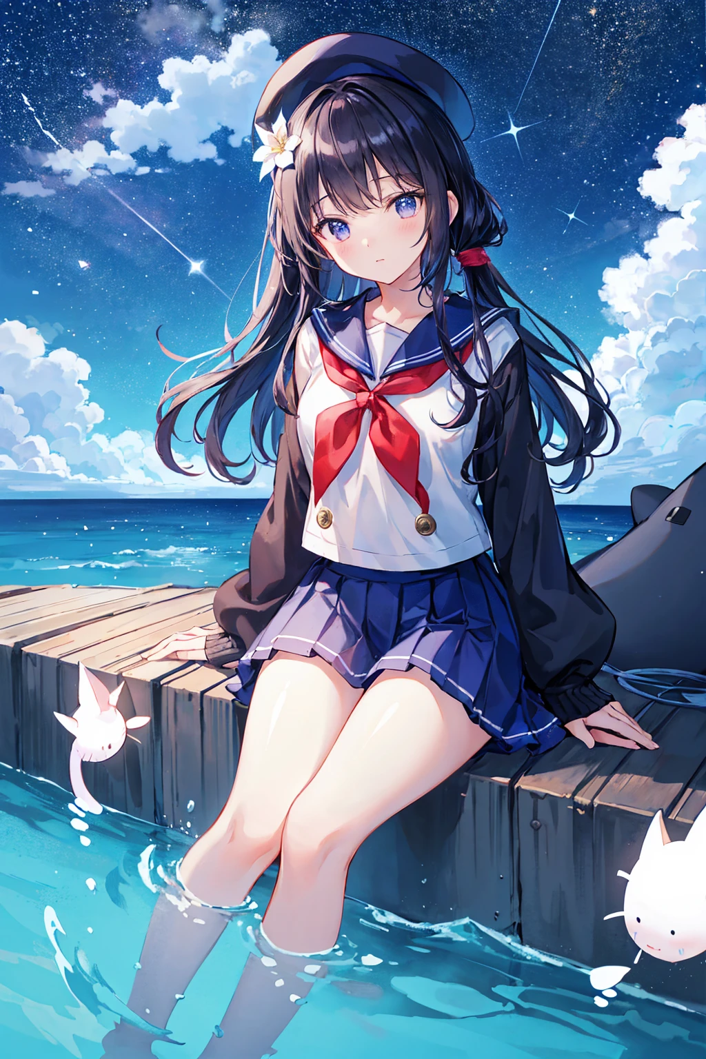 Sitting on the roof、A sailor in a sailor uniform pointing at the sky、There is a cat、Starry Sky、Night Sky、dark、Astronomical Observation、sea breeze、A whale swimming in the sky、White flower,Black Hair,Shortcuts,((Highest quality)), (Very detailed), (High-definition CG synthesis 8k wallpaper), 高いly detailed, 高い-definition raw colbor photos, Professional photography, Written boundary depth,