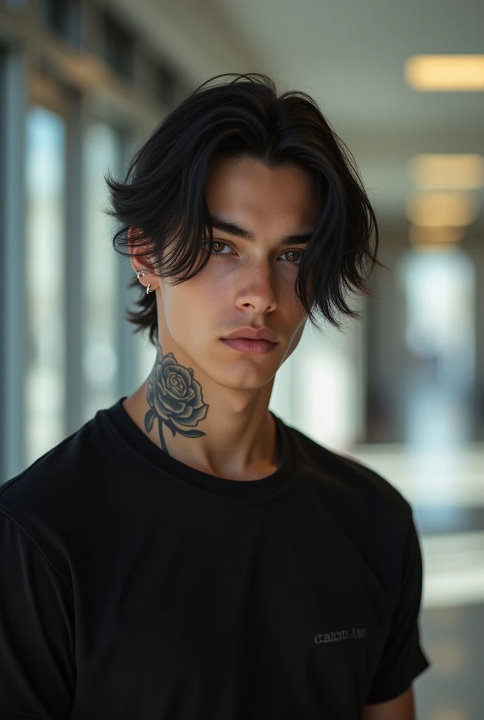 An American young man from the waist up, In the hallway of an American school, with silky straight black hair, modern hairstyle, very black eyes and long dark eyelashes, Curvilinear. straight snub nose, well-marked jaw, Caucasian skin, but with a slight tan under his eyes and nose. thin lips and oval face. He has a lip piercing like a hoop, right side. a tattoo on the side of his neck of a black and white rose. athletic and defined body. suntanned, square waist. He wears a black Calvin Klein t-shirt.