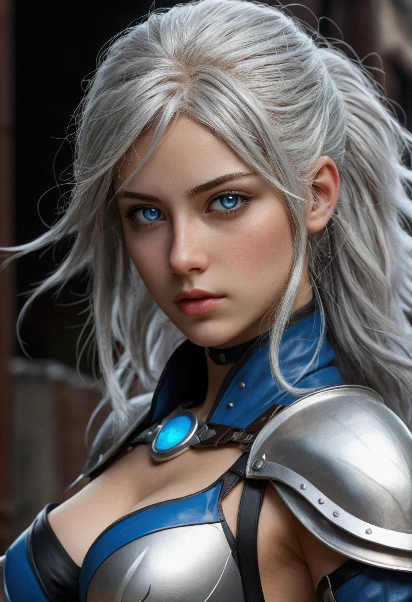 dynamic series of drawings showing a silver haired and blue eyed warrior girl., 8k, ultra high res, ultra detailed, hd,(well designed face), amazing face, (super detailed), beautiful eyes, soft lighting,, outdoors, streets,, URUSHISATO,1980s,, beautiful detailed eyes,mechanical parts, asymmetrical hair,thigh highs, latex suit,cleavage,