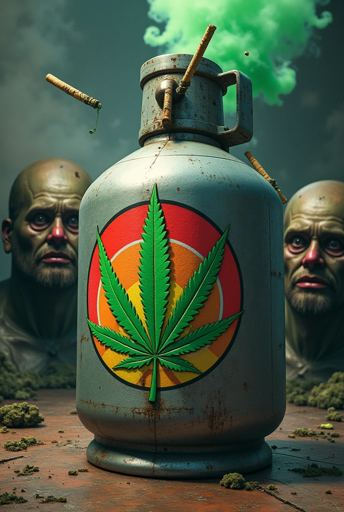 Make me a wicked gas bottle with a cannabis logo in the center rgb, stoner heads in the background, joints with wings flying above like in a July 14th parade with green trails