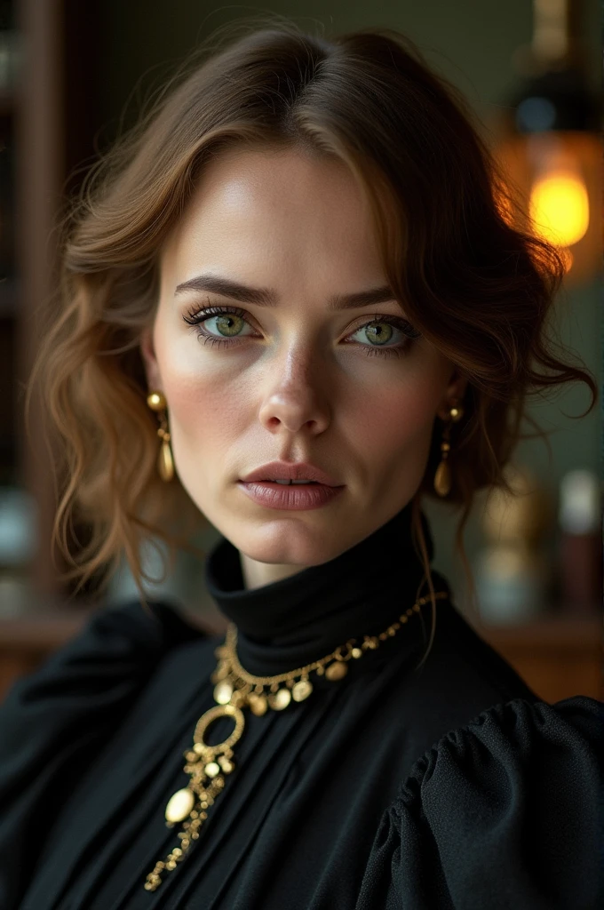 Victorian woman, middle-aged woman, midsize woman, green eyes, light brown hair, bobcut, weavy hair, gold jewellery, lots of jewellery, eyebags, tired face, heart-shaped face, full lips, black victorian dress, turtleneck dress, rich dress, alchemy laboratory 