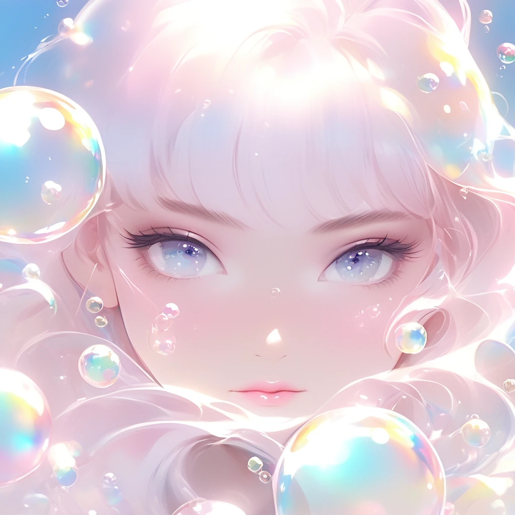 beautiful vogue woman,macro shot,close up face,Reflection and mirroring styles,Clear Light Pink,White soap bubbles,Bokeh Shot,Close-up