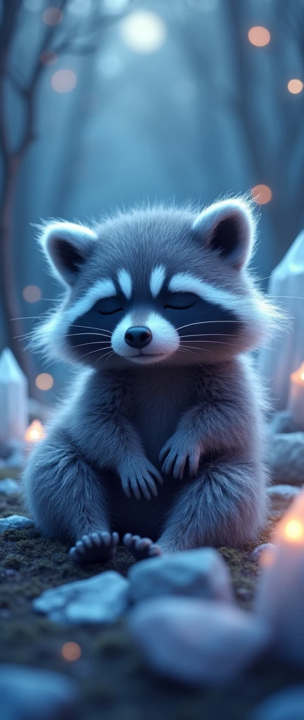 A mesmerizing 3D render of a cuddly, extra-fluffy raccoon in a moonlit crystalline forest. The raccoon is adorably sleeping with its eyes closed, and its fur appears to be infused with a gentle, ethereal glow. The surrounding environment is filled with sparkling crystals and lunar light, creating a magical and dreamlike atmosphere. The conceptual art piece captures the essence of innocence and enchantment in this captivating scene., conceptual art, photo, 3d render