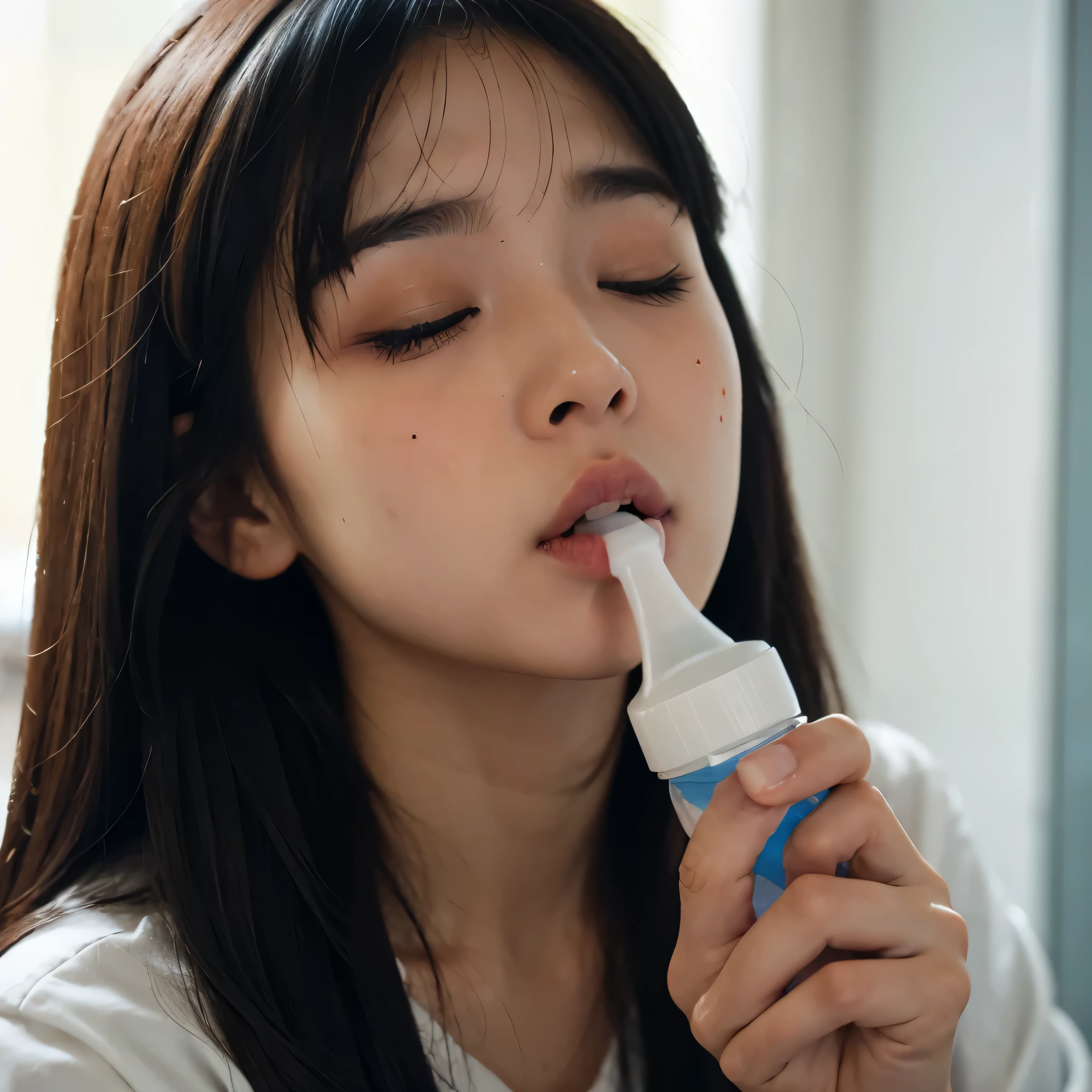 Girl being fed milk through a clear tube、Very thick tube、Esophageal intubation、close ~ eye、close-up of the throat、
