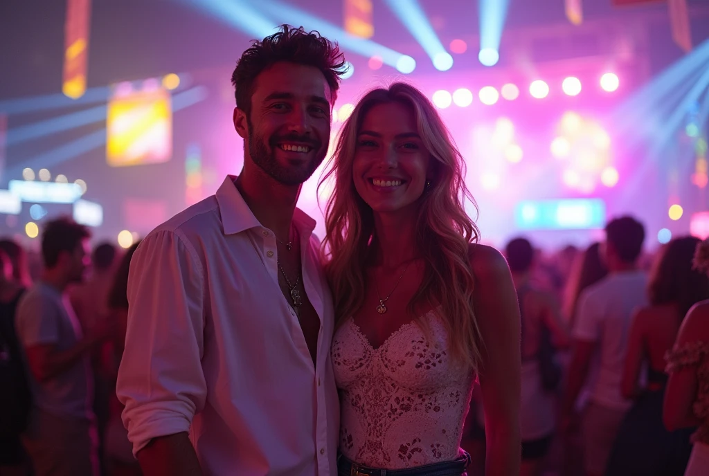 Create a realistic photo of a woman and a man dressed in pastel summer outfits, enjoying an electro house festival. The background should capture the energy and vibrancy of the festival, with colorful lights, a lively crowd, and a stage with DJs playing music. The couple should look relaxed and happy, immersed in the festive atmosphere. The pastel colors of their clothing should stand out against the dynamic and colorful backdrop of the festival, creating a stylish and energetic scene.