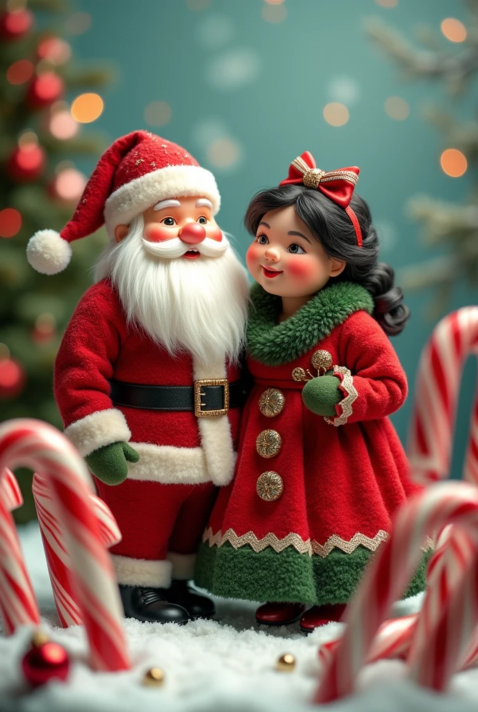 Santa Claus with his plump wife black hair candy canes 