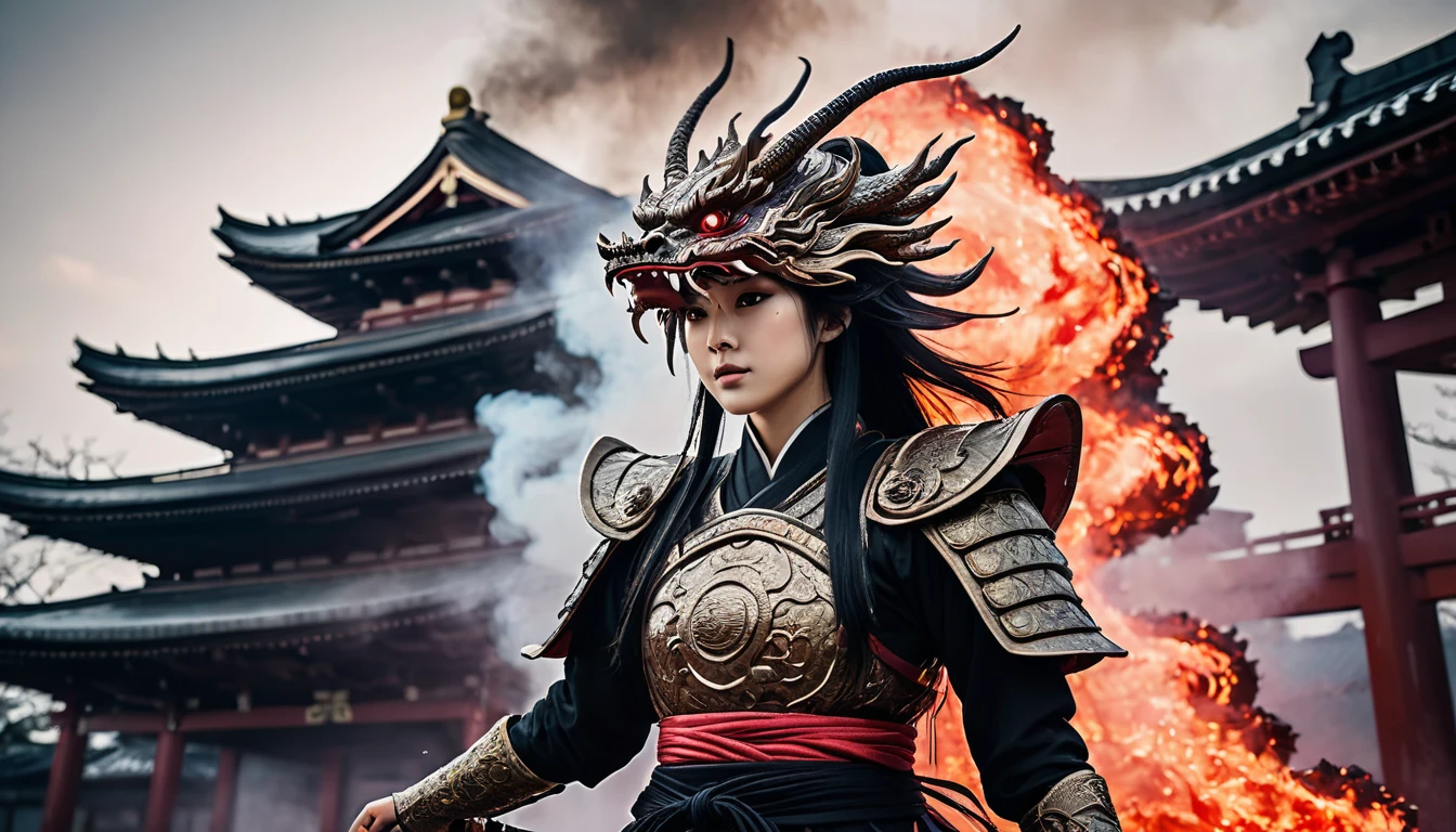 blood girl, and a huge fire dragon, made of smoke, wearing full warrior garb with armor hovering around an ancient Japanese temple, inspired by Japanese gods, carrying a huge divine sword, temple background, Japan, tenebrosa, horror vibes, , smoke , fire , great addition, large dragon on his back , Japanese mythical god , Evil smile , crazy eyes , blindfolded , Cor Fuji , high détail , high qualiy , precise