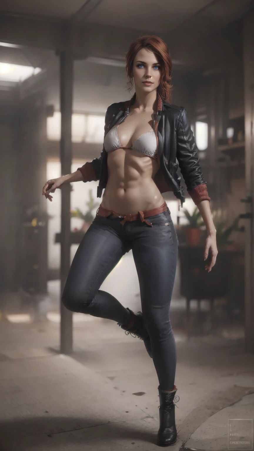 ((Courtney Hope)), red hair, asymmetrical hair, short ponytail, wavy hair, sidelocks, low ponytail, Slim but lightly toned build, medium bust, (strong glutes), crooked GRIN, BREAK: Fitted Black motorcycle/bomber jacket 1/4 cropped, (tight, red micro bikini top under jacket), Skin tight black jeans, matte black leather motorcycle boots, BREAK: 1girl, solo, wide shot, she floats above the ground, posing with arms down palms towards ground as she floats, BREAK: UHD, 16k, best quality, anatomically correct, accurate face, masterpiece, (full body portrait), BREAK: set in a dishevelled brutalist office interior with white brutalist architecture and white walls