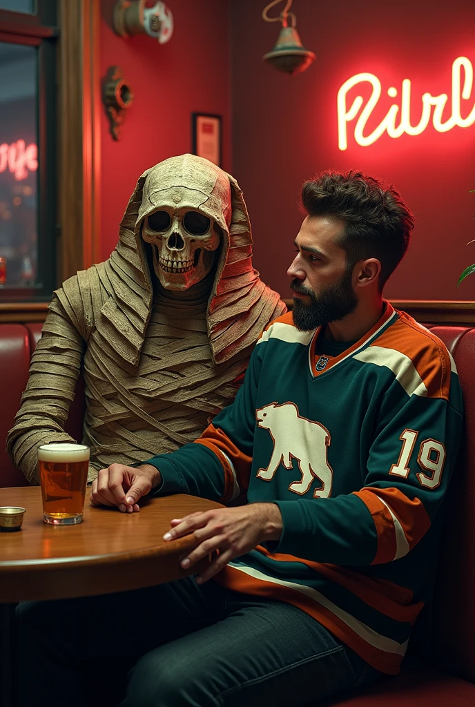 (photorealism:1.2), man and egypt mummy, sitting in pub, beer, water, man in hockey jersey with white bear,  indoors, soft lighting, pub in background, window with neon light, cozy room, relaxed pose, realistic, intricate details, warm colors, by Greg Rutkowski, by Alphonse Mucha