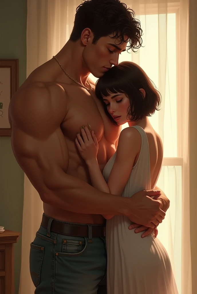 A petit, delicate woman with short bob hairstyle, being held by a tall and muscular younger man.