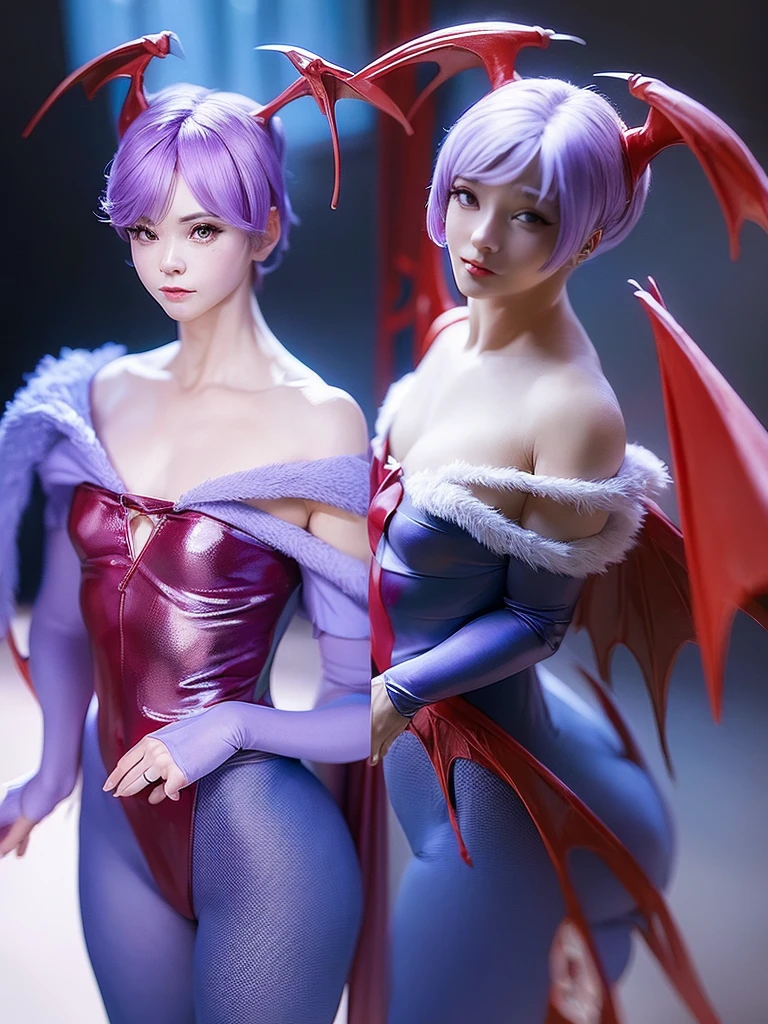 (​masterpiece、top-quality、hight resolution), Create an image featuring a gentle and calm housewife wearing a cosplay costume from the work 【Lilith - Darkstalkers】. The scene should be shown from the perspective of the person she is showing it to. Ensure the following:
1. The housewife has a gentle and calm demeanor.
2. She is wearing a cosplay costume from the specified work 【Lilith - Darkstalkers】.
3. The perspective is from the viewer's point of view, as if they are seeing her show off the costume.
4. The background should suggest a comfortable, private setting, like a living room or bedroom. nsfw