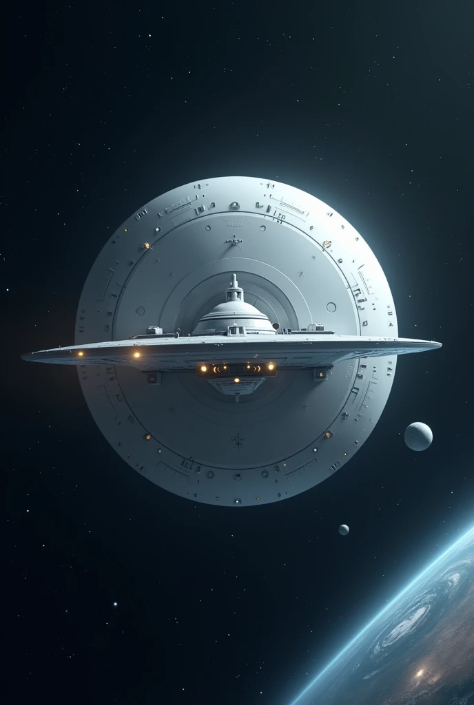 White circular spaceship with small lights and a division between the top and bottom in space