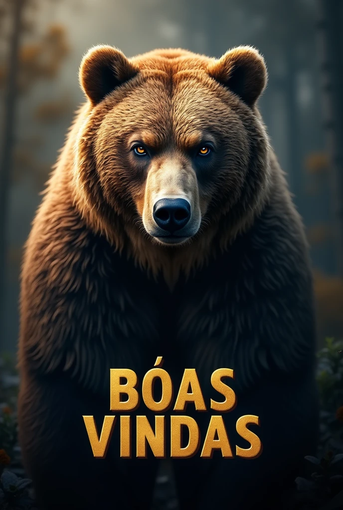 make a banner with a bear in the background with a more realistic serious face, and on the front place the phrase "BOAS VINDAS" in gold, the letter a little smaller. Recommended size: 320x480 pixels