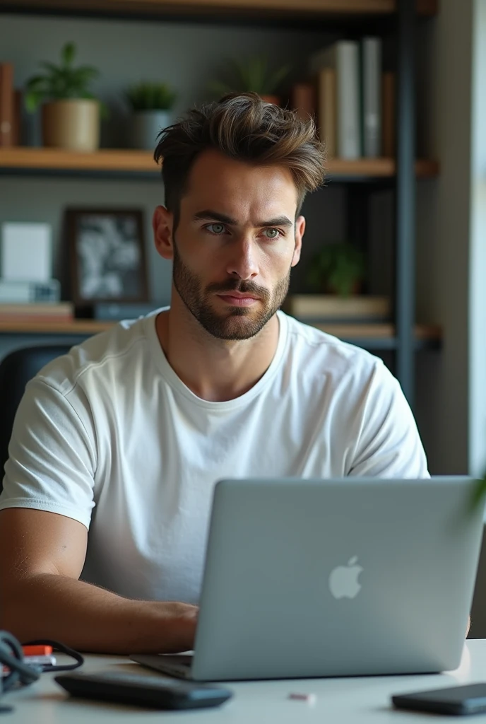 38 year old man, computer scientist with green eyes wearing a white t-shirt sitting at a desk next to his laptop