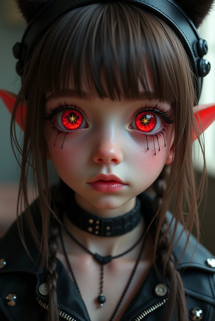 face, Close-up, Close-up shot, brilliant hair, brilliant clothes, brilliant, extremely detailed eyes, extreme details, realistic, cinematic, detailed, masterpiece, 4K, 8 K, , Punks,, FantasyAI_Burple,, in room, Hu Tao (Genshin&#39;s influence), Genshin&#39;s influence, It has, pupils in the form of symbols, Red eyes, Brown hair, Star-shaped pupils, flower-shaped pupils, bang, black nails, black headdress 