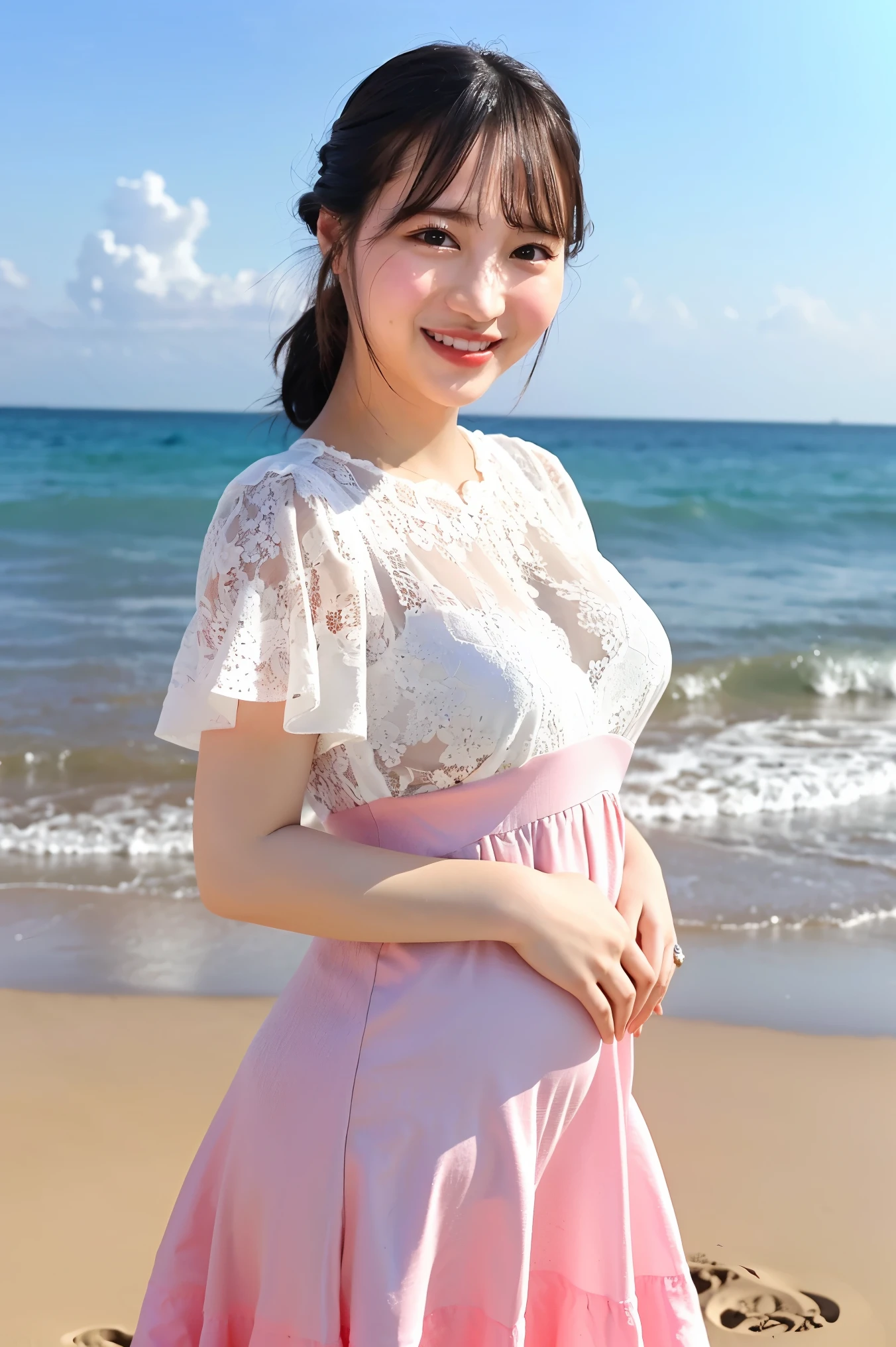 (Highest quality、masterpiece、8k、Best image quality、Hyperrealism、Award-winning works)、1 pregnant woman、(nose:1.2)、(White shirt with elegant lace and frills:1.2)、(Light pink long flare skirt, transparent, Light berry pattern.:1.3)、(The most natural slight pregnancy bump:1.1)、Large Breasts、(Beautiful Hiroshi々とした滑らかな砂浜にStanding Elegantly:1.2)、(Beautiful and mysterious beach background:1.4)、Beautiful surf edge、(Beautiful sunny sky:1.1)、(Beautiful thunderclouds:1.1)、(Standing Elegantly:1.1)、Look at me with your best smile、Accurate anatomy、Perfect Makeup、Long eyelashes、Glossy Lips、Ultra HD glossy skin、(Ultra-high resolution, bright and beautiful skin:1.2)、(very bright and vivid:1.3)、超高精細のGlossy Lips、Ultra-high resolution beautiful teeth、(Very bright and vivid:1.1)