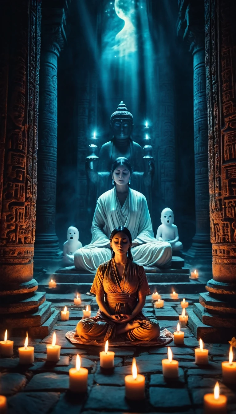 An ancient temple at night, flickering candlelight, a woman meditating, surrounded by ghosts, mysterious lighting effects, surreal art style, contrasting colors, high resolution
