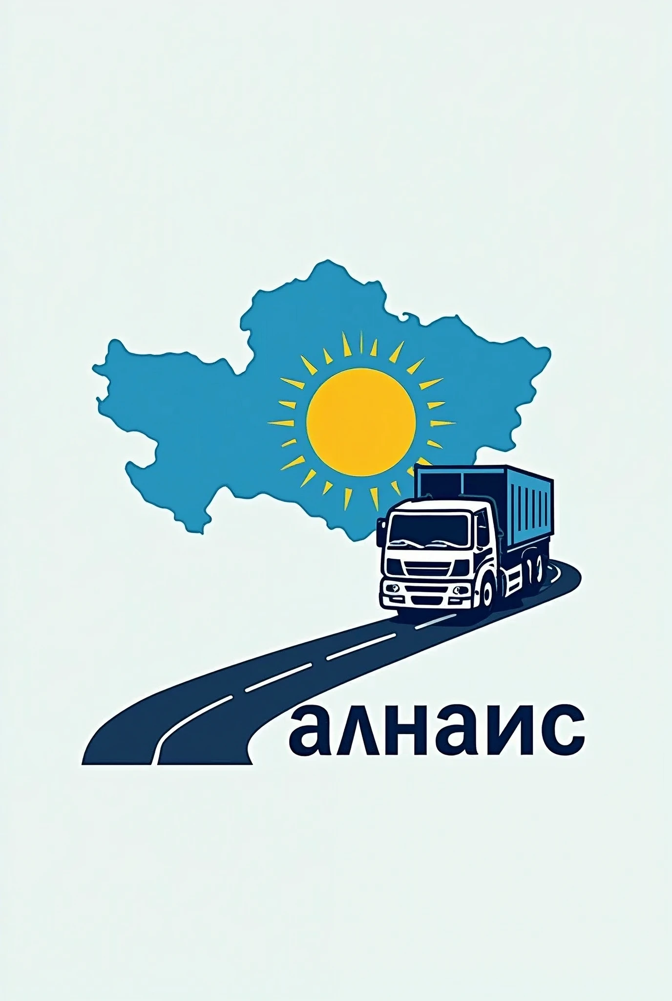 Kazakhstan map outline, road inside map, stylized truck on road, blue and yellow colors, modern sans-serif font, "КазТранс" text below

