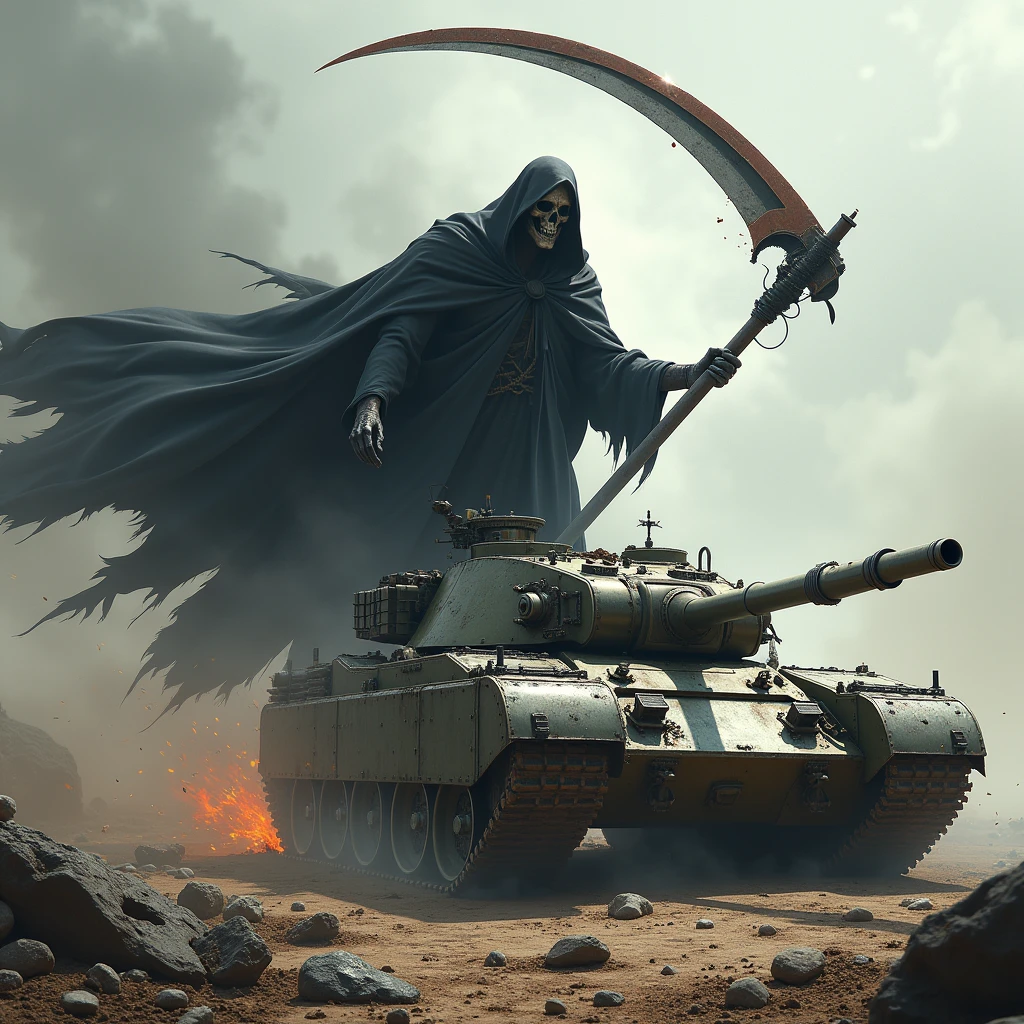 Death with a scythe destroys a military tank, tears him to pieces.