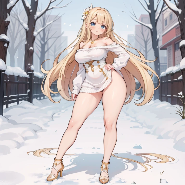 Anime Kawaii sexy Perfect Slim sensual body large breast and huge thighs, An intricate and highly detailed illustration of anime (Young girl) An extremely beautiful stunning woman with a perfect busty body, gold blonde long silky hair, big blue eyes, extremely super bright snow white fair stunning flawless glowing lush shiny flawless white skin, a perfect tight hourglass figure, and a skinny waist, sexy thick smooth luscious legs, and thighs, extremely cute smile on the face, bright pink blushes on cheeks, wearing a tight knee-length white floral dress, pink off-shoulder sweater, yellow heels, gold necklace on the neck, gold anklets on feet, gold chain on the waist, standing straight, holding a chocolate bar, garden in the background, show full body from head to feet.