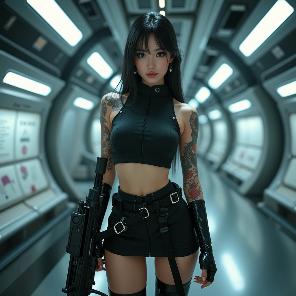 Foto realistic:1.55 masterpieces,Best Quality,a beautiful young girl, 4k, ultra detailed, Japanese tattoos, smoke, with an expressive and beautiful face, long eyelashes, wearing a tight black military top with big breasts and a black miniskirt, wearing fancy black long boots, Full body facing and standing inside a spaceship, movie lights, pose sexy, flawless makeup,shiny skin,young,wielding a super detailed futuristic weapon, creating a 3d effect