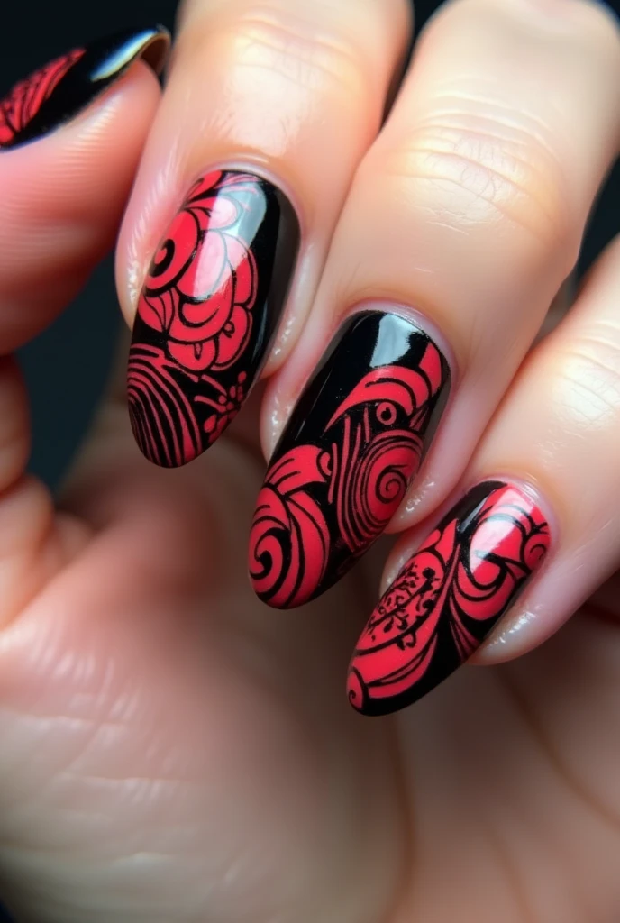 long nails image , oval, painted with black and red designs 